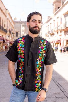 This beautiful Traditional Guayabera for Men is embroidered and adds a sophisticated flare to your wardrobe.  This elegant button up Shirt is perfect for special occasions such as Mexican Fiestas, Quinceañeras, Weddings, etc. This guayabera is made by Mexican Artisans in Guanajuato, Mexico. More styles available here: https://www.etsy.com/es/shop/SoleiEthnic?ref=seller-platform-mcnav&section_id=26873542 Mexican Party Outfit For Men, Mexican Theme Party Outfit For Men, Chambelanes Outfits Quinceanera Mexican, Mens Mexican Outfit, Mexican Cultural Clothing, Mexican Shirt Outfit, Mexican Men Fashion, Mexican Theme Quinceanera Dresses, Mexican Fashion Men