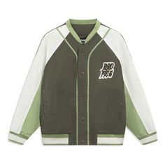 Li-Ning BadFive Graphic Cotton Baseball Jacket 'Olive White' AJMT017-5 Green Long Sleeve Varsity Jacket For Spring, Olive Military Style Outerwear For Streetwear, Green Cotton Long Sleeve Varsity Jacket, Green Casual Streetwear Outerwear, Green Casual Outerwear For Streetwear, Casual Green Outerwear For Streetwear, Urban Green Outerwear For Spring, Olive Outerwear For Spring Streetwear, Casual Dark Green Outerwear For Fall