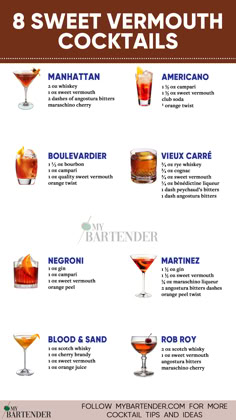 Sweet Vermouth Cocktails Dry Vermouth Cocktails, Vermouth Drinks, Sweet Vermouth Cocktails, Cocktail Stand, Vermouth Cocktails, Whisky Cocktail Recipes, Vermouth Cocktail, Cocktails Ideas