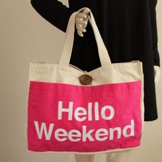 Brand New. "Hello Weekend" Extra Large Beach Bag. Wooden Button Closure. Front Pocket, Inside Zipper Pocket And Another Inside Phone Pocket. Natural Color And Pink. 100% Cotton Lined In 100% Polyester. 15 Inches Tall, 19 Inches Long, 6 Inches Wide, 8 Inch Strap Drop. Note Boutique Items May Have My Store Tag Or Designer Tag. All Are Brand New. Pink Canvas Weekend Bag, Spring Shoulder Bag With Large Capacity For Weekend, Large Capacity Shoulder Bag For Weekend In Spring, Large Capacity Shoulder Bag For Spring Weekend, Canvas Bags For Spring Weekend, Trendy Weekend Bags For Spring, Canvas Bag For Weekend In Spring, Canvas Bag For Weekend And Spring Season, Pink Tote Shoulder Bag For Weekend