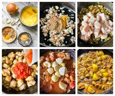 four pictures showing different types of food being cooked