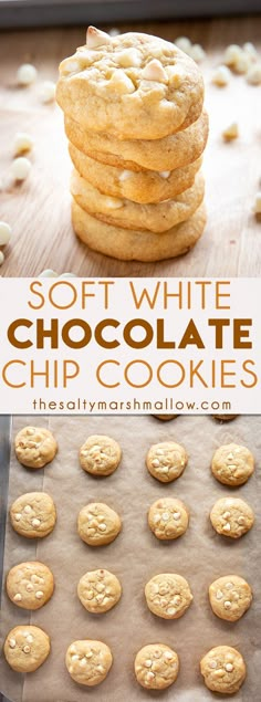 soft white chocolate chip cookies are stacked on top of each other and ready to be baked