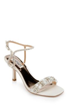 Ivory Tanika Shapely Sandal Front Side Badgley Mischka Bridal Shoes, Comfortable Wedding Heels, Badgley Mischka Bridal, Flat Booties, Strap Sandals Women, Platform Stilettos, Wedding Heels, Diamond Fashion, Bridal Outfits