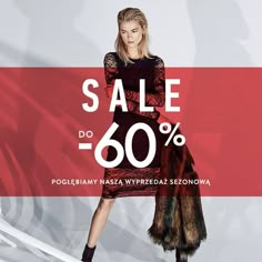 a woman in a black dress and fur stoler with the words sale up to 60 %