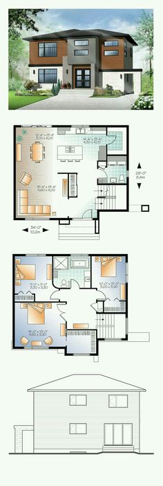 two story house plans with garage and living room in the front, one bedroom on the second