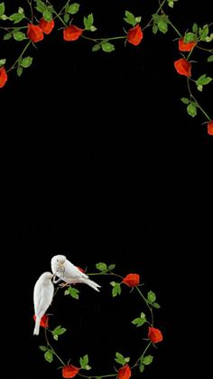 a white bird sitting on top of a branch filled with red flowers and green leaves