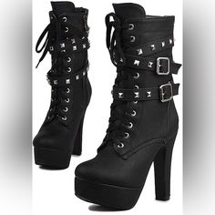 Women's Goth Leather Block Heel Ankle Boots Fashion Studded Ankle Strap Trim Punk Boots Shaft Circumference 30 Centimeters Outer Material Polyurethane (Pu) About This Item 1.Heel Height: Approx 4.92inch; Platform: Approx 1.38 Inch. 2.Finished With Faux Leather And Antiskid Rubber Sole. 3.Featured By Closed Toe, Sexy Comfortable Chunky High Heels Show Good Figure Of Body And Reduce The Pressure Of Calf. 4.Gorgeous Personalities Design Rivets Studded Details Adds The Chic And Elegant Taste Which C Gothic Lace-up Boots For Fall Party, Fall Studded High Heel Platform Boots, Fall High Heel Studded Platform Boots, Studded High Heel Platform Boots For Fall, Gothic Moto Boots Ankle Boot With Rivets, Black Studded Platform Boots For Winter, Fall Spiked Ankle Platform Boots, Black Studded Winter Platform Boots, Edgy Faux Leather Boots With Rivets