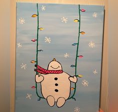 a painting of a cartoon character hanging from a tree with snowflakes on it