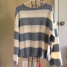 Brand New And It’s Fashionable Knitted Sweatshirt! Casual Striped Cropped Sweater For Fall, Cozy Striped Ribbed Tops, Casual Ribbed Cropped Sweater For Layering, Striped Knitted Tops For Layering, Casual Ribbed Cropped Sweater With Crew Neck, Striped Textured Knit Top For Layering, Striped Textured Knit Top, Oversized Ribbed Striped Tops, Cozy Striped Knitted Tops