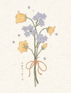 a drawing of blue and yellow flowers tied together