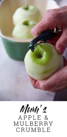 a person cutting an apple with a pair of scissors on top of it