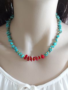 Beaded necklace is an excellent and elegant gift for your lovelies. Choker necklace is made of red coral and turquoise bead and gold plated apparatus. You can wear the turquoise necklace to a wedding party and look very special. Turquoise choker necklace is a nice Christmas gift, Valentine's Day gift, wedding gift, birthday gift, bridesmaid gift and other special day gift for her. Your summer jewelry will be put in a nice tule sachet. Handmade Red Coral Jewelry For The Beach, Turquoise Necklace With Colorful Beads Gift, Handmade Elegant Turquoise Choker, Handmade Turquoise Necklace For Gift, Adjustable Red Coral Necklaces, Handmade Dainty Adjustable Turquoise Necklace, Handmade Turquoise Necklace With Round Beads As Gift, Adjustable Red Coral Gemstone Beads Necklace, Red Crystal Necklace With Colorful Beads For Gift