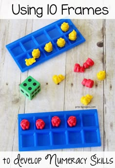 an ice tray with dices and candy on it next to the words using 10 frames