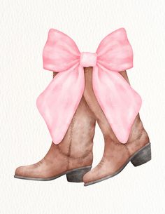 a watercolor painting of a pair of cowboy boots with a pink bow