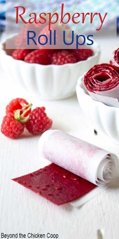 raspberry roll ups in white bowls on a table