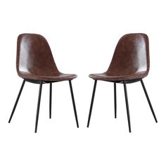 pair of brown leather chairs with black metal legs