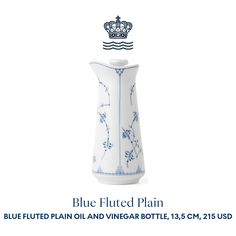 a blue and white vase with a crown on top is featured in this ad for the blue fluted plain