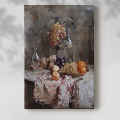 a painting of fruit on a table with a vase and horse in the back ground