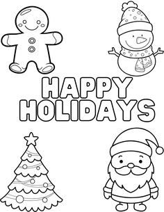 happy holidays coloring pages with santa claus and snowman on the tree, gingerbread man