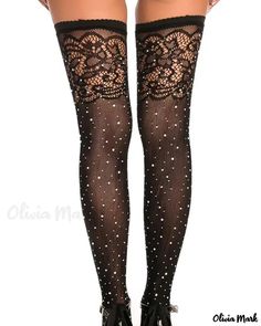 Olivia Mark - 1 pair of decorative crochet lace stockings with rhinestones Party Black Legwear With Lace Trim, Black Party Legwear With Lace Trim, Black Lace Trim Legwear For Party, Elegant Thigh High Stockings For Party, Party Thigh High Stockings With Lace Trim, Black Lace Tights For Party, Thigh High Lace Trim Party Legwear, Party Thigh High Hosiery With Lace Trim, Party Thigh-high Legwear With Lace Trim