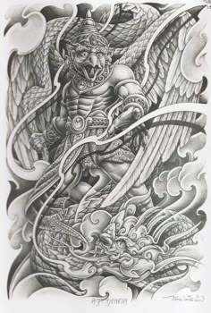 an ink drawing of a demon with wings on it's chest and head, surrounded by clouds