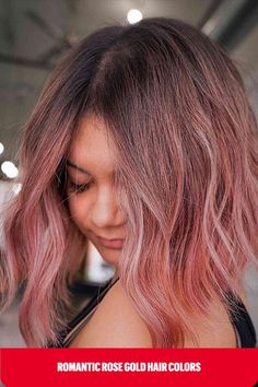 Rooted Rose Gold on a Long Wavy Bob Pink Hair And Bangs, Rose Gold Hair Dark Roots, Rose Gold Hair Short, Rose Gold Toned Hair, Rose Gold Balayage Hair, Adore Hair Color, Rainbow Hair Colors