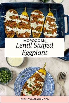 Lentil stuffed eggplants in a blue casserole. Vegetarian Recipes Dessert, Stuffed Eggplant, Vegetarian Recipes Lunch, Eggplant Recipe, Quick Meal Prep, Creamy Yogurt, Vegetable Side Dishes Recipes, Brown Lentils, Tasty Snacks