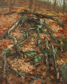 an oil painting of leaves and branches on the ground with trees in the back ground