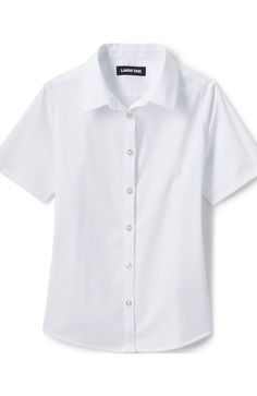 This shirt doesn'tjust keep her looking neat and well-dressed through the day, it also keeps her completely covered and confident thanks to innovative No Gape hidden-button feature that prevents gaping at the bust. The stretch fabric provides comfort that moves with her, and an easy-care finish keeps this shirt crisp after every wash. An ideal dress shirt for school days and special occasions. No Gape® hidden-button feature seamlessly designed in to prevent gaping at the bust, offering compl Casual Wrinkle-resistant Button-up Top, Wrinkle-resistant Collared Top For Work, Casual Collared Top, Classic School Tops, Casual Collared Wrinkle-resistant Tops, Classic Fitted Blouse For School, Fitted Classic Blouse For School, Classic Short Sleeve School Shirt, Classic Short Sleeve Shirt For School