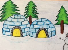 an igloose with a snowman and pine trees in the foreground