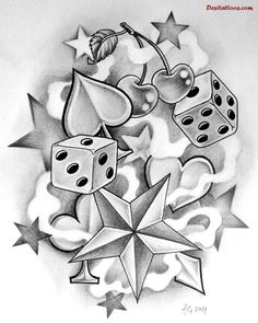 a drawing of dice, cherries and stars