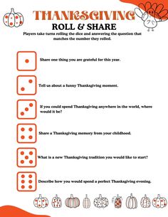 thanksgiving roll and share worksheet with pumpkins in the background for kids to learn