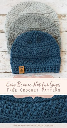 three crocheted hats with the text easy beanie hat for guys free crochet pattern