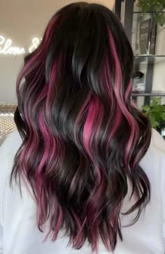 Red Tips For Hair, 2023 Colorful Hair, Dark Rainbow Hair Color Ideas, Highlights Of Color In Hair, Hair Inpos Ideas Color, Two Colour Hair Ideas, Highlights Back Hair, Colour Peekaboo Hair, Peekaboo Hair Color On Dark Hair