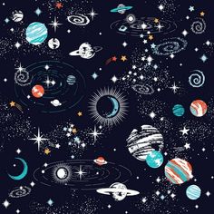 a space scene with planets and stars in the night sky, on a black background