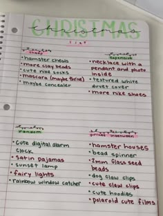 a notebook with some writing on it and the words christmas list written in green ink