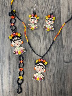 Handmade beaded set  Bracelet: 7 inches, adjustable  Earrings: 2 inches long, including hook  Necklace: 17 inches long Hook Necklace, Set Bracelet, Stretch Ring, Orange Earrings, Le Crochet, Native American Fashion, Colorful Earrings, Gorgeous Earrings, Beaded Flowers