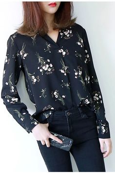 Retro Flowers Printed Blouse Long Sleeve Shirt – Tomscloth Trendy V-neck Top For Office Wear, Floral Print V-neck Tops For Work, Printed V-neck Tops For Office, Spring Office Wear V-neck Blouse, Spring Collared Printed Tops, Printed Collared Tops For Spring, Trendy Printed Office Tops, Elegant V-neck Shirt With Floral Print, Chic Collared Floral Print Top