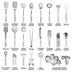 an image of kitchen utensils labeled in different styles and sizes on white background