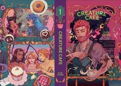 two covers for the book creature cafe, with an image of people eating and drinking