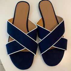 Navy Blue Jcrew Slides. Never Worn. Super Cute For Summer Navy Casual Open Toe Sandals, Casual Navy Open Toe Sandals, Navy Flat Sandals For Summer, Navy Slip-on Sandals For Summer, Casual Navy Flat Sandals, Navy Sandals For Beach In Spring, Navy Sandals For Beach And Spring Season, Casual Navy Sandals For Spring, Navy Flat Synthetic Sandals