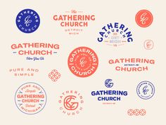 the logos for different churchs are shown in this graphic art work, which includes an orange and blue circle that reads gathering church