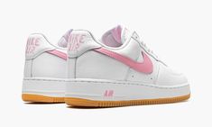 The Nike Air Force 1 Low “Since ‘82 - Pink/Gum” is a clean and classic look for the retro basketball shoe that draws inspiration from the “Color of the Month” series from 1984.  The collection we’re referring to was created by Baltimore sneaker shops back in the day to help save the Air Force 1 from becoming obscure in the years following its days as a performance basketball shoe.  The “Pink/Gum” style features a white leather construction with a contrasting pink leather Swoosh.  The pink “Nike Gum Shoes, Pink Nike Air, Color Of The Month, Retro Basketball Shoes, Retro Basketball, Pink Nike, Nike Air Force 1 Low, Stadium Goods, Pink Nikes