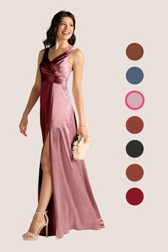 a woman in a long pink dress standing next to color swatches and smiling at the camera