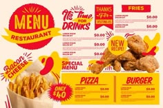 a menu for a fast food restaurant with fried chicken and french fries on the side