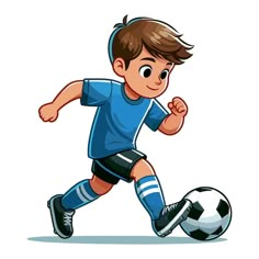 a young boy kicking a soccer ball on a white background