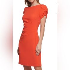 Gorgeous Orange Karl Lagerfield Sheath Dress Nwt Size 12 Exposed Back Gold Zipper With Figure Flattering Pleating Around The Waist Retails For $128, Same Dress Being Sold Online For $74-This Is A Deal! Spring Career Mini Dress, Knee-length, Spring Chic Career Mini Dress, Spring Career Mini Dress, Chic Style, Chic Spring Career Mini Dress, Fitted Knee-length Dress, Short Sleeve Ruched Mini Dress For Work, Elegant Mini Career Dresses, Ruched Short Sleeve Mini Dress For Work, Knee-length Mini Dress With Side Zipper For Spring