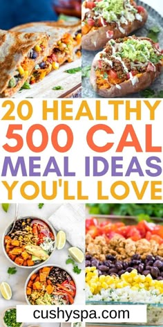 healthy meal ideas that are easy to make and delicious for the whole family with text overlay reading 20 healthy 500 cal meal ideas you'll love