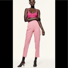 Zara High-Waisted Pants Beautiful Pink Color Chic Elastane Pants For Summer, Summer Tapered Leg Elastane Pants, Summer Stretch Tapered Leg Pants, Trendy Elastane Pants For Spring, Spring Elastane Pantsuit, Fitted Elastane Dress Pants For Summer, Chic High Waist Stretch Pants, Chic Stretch High Waist Pants, Chic Stretch High-waist Pants