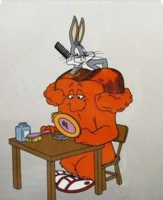 a cartoon character sitting at a table with a comb and scissors on top of his head